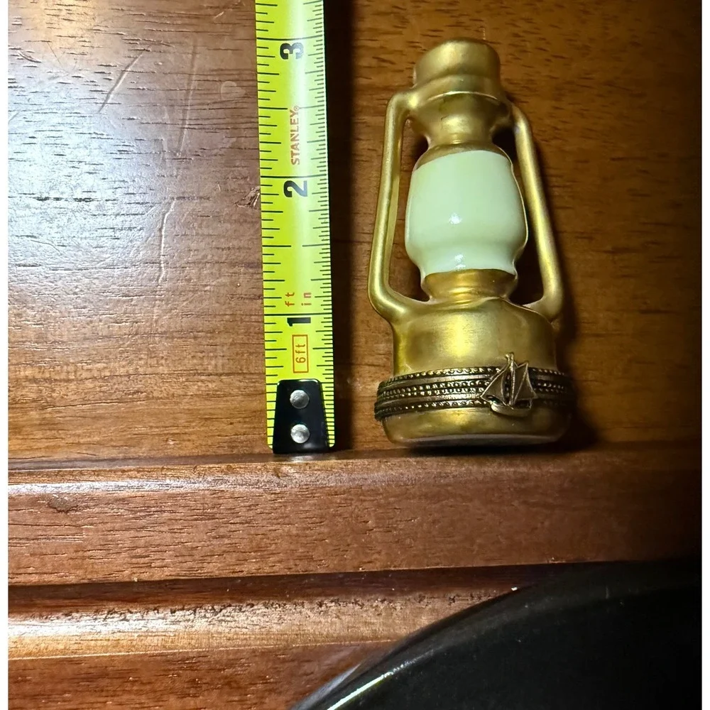 Vintage Gold Porcelain Lantern Trinket Box Nautical Sailboat Clasp Anchor Detail